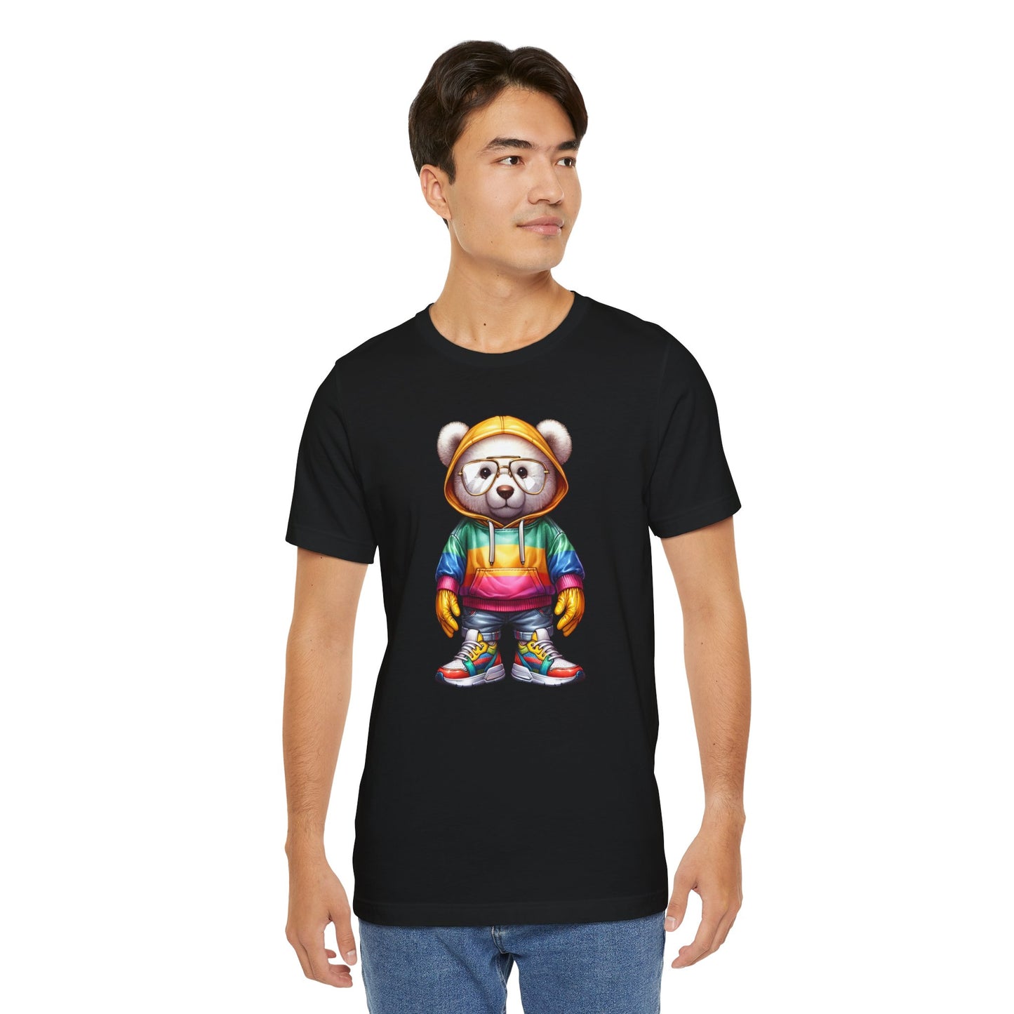 Camiseta unisex de manga corta con osito de peluche y capucha 