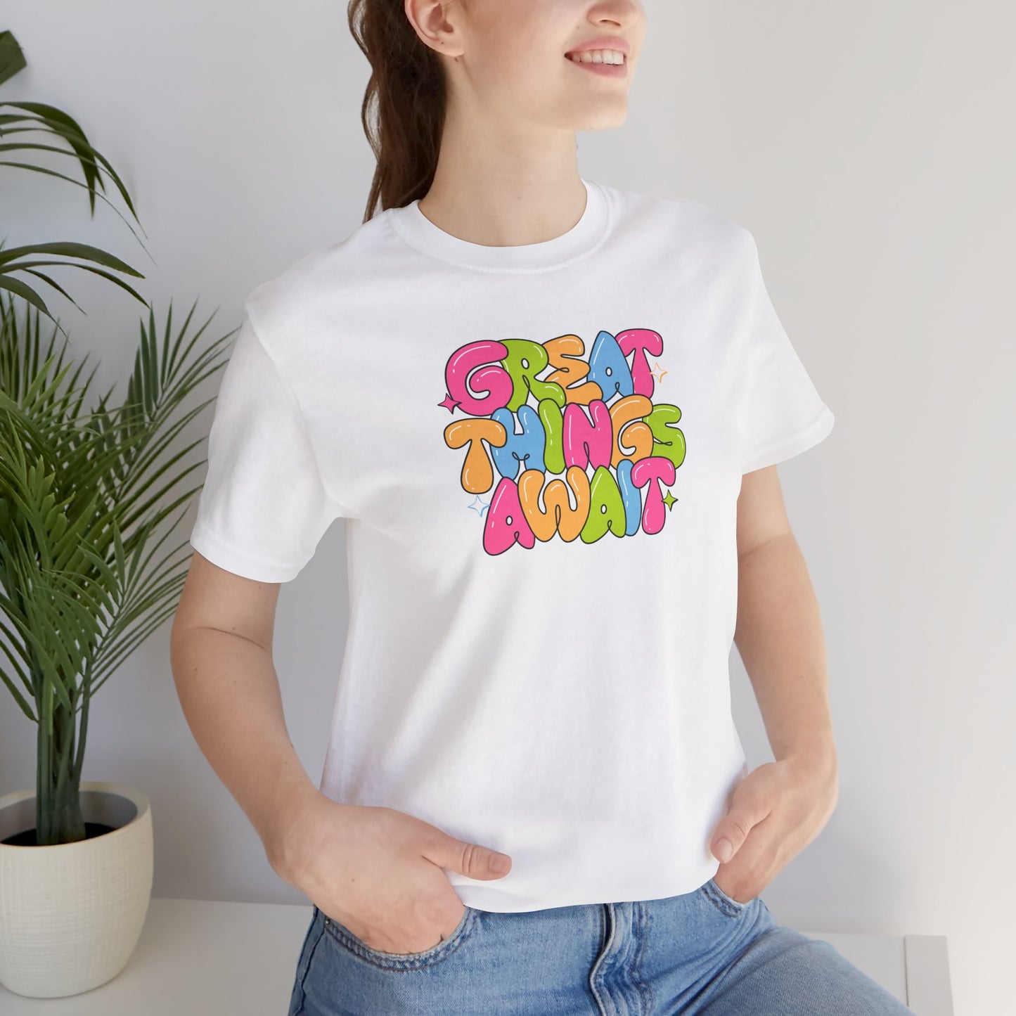 Colorful Inspirational Graphic Tee - "Great Things Await"