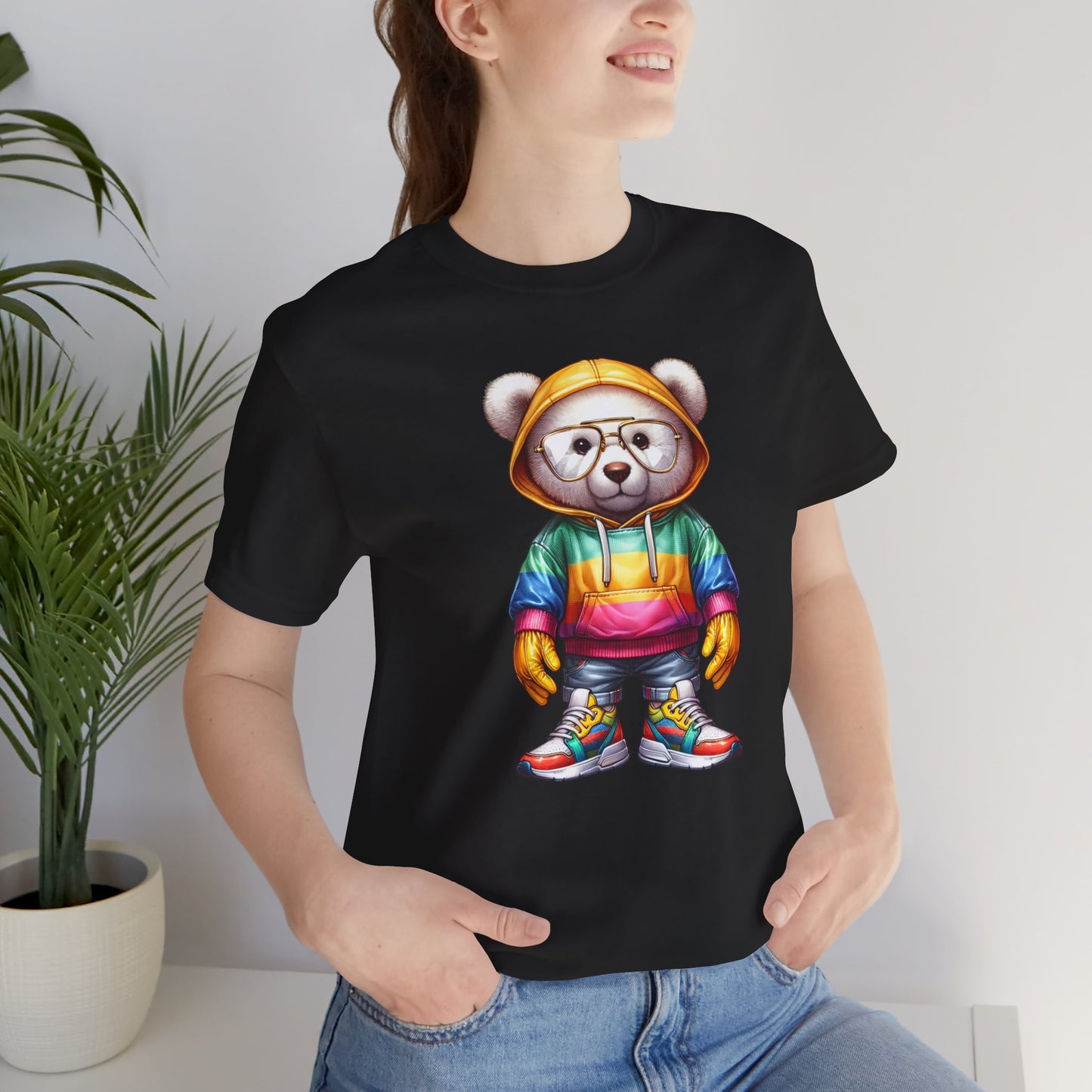 Camiseta unisex de manga corta con osito de peluche y capucha 